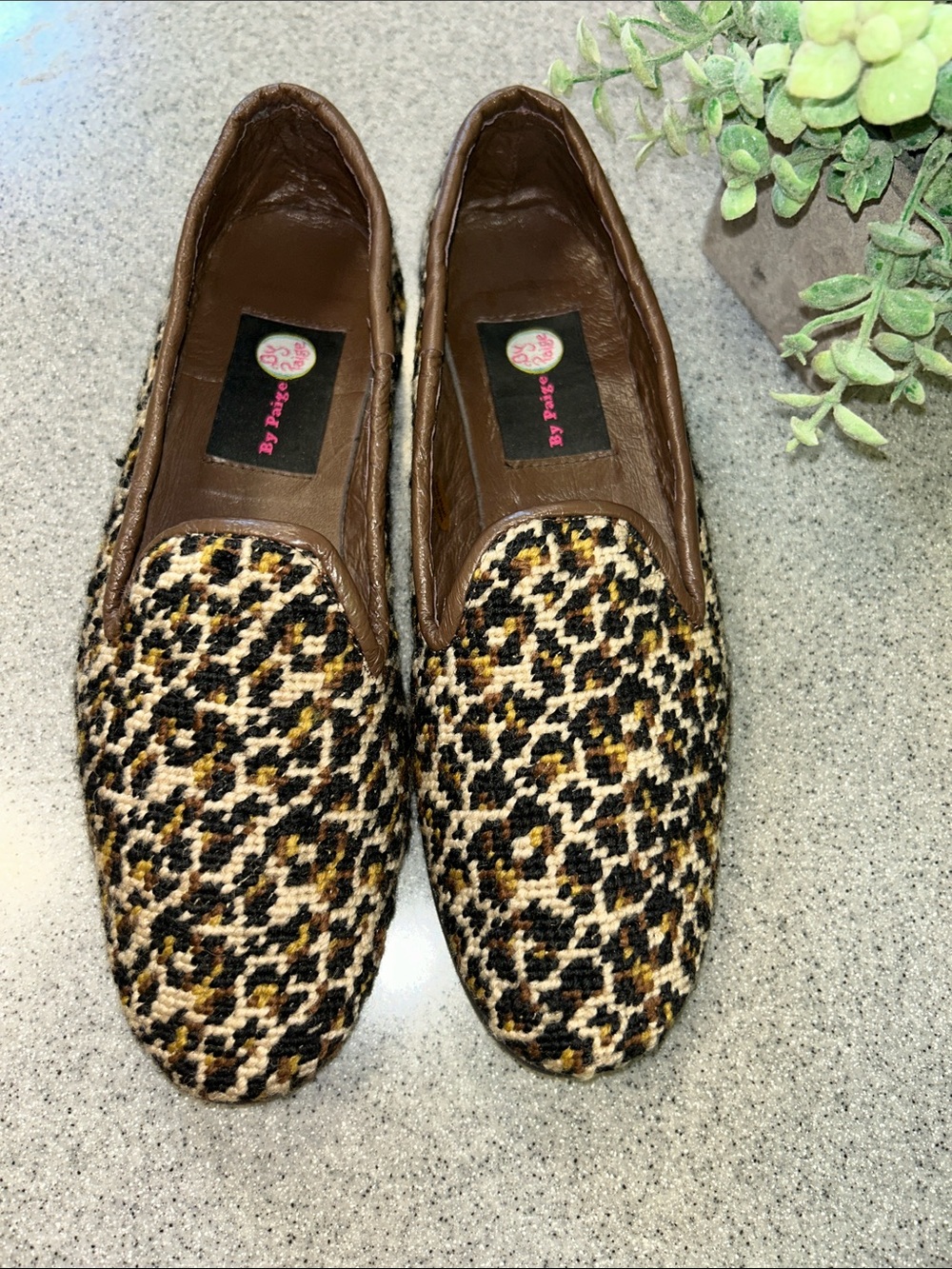 By PAIGE- RARE! 9.5 cheetah print needle point with Brown Leather trim Flats